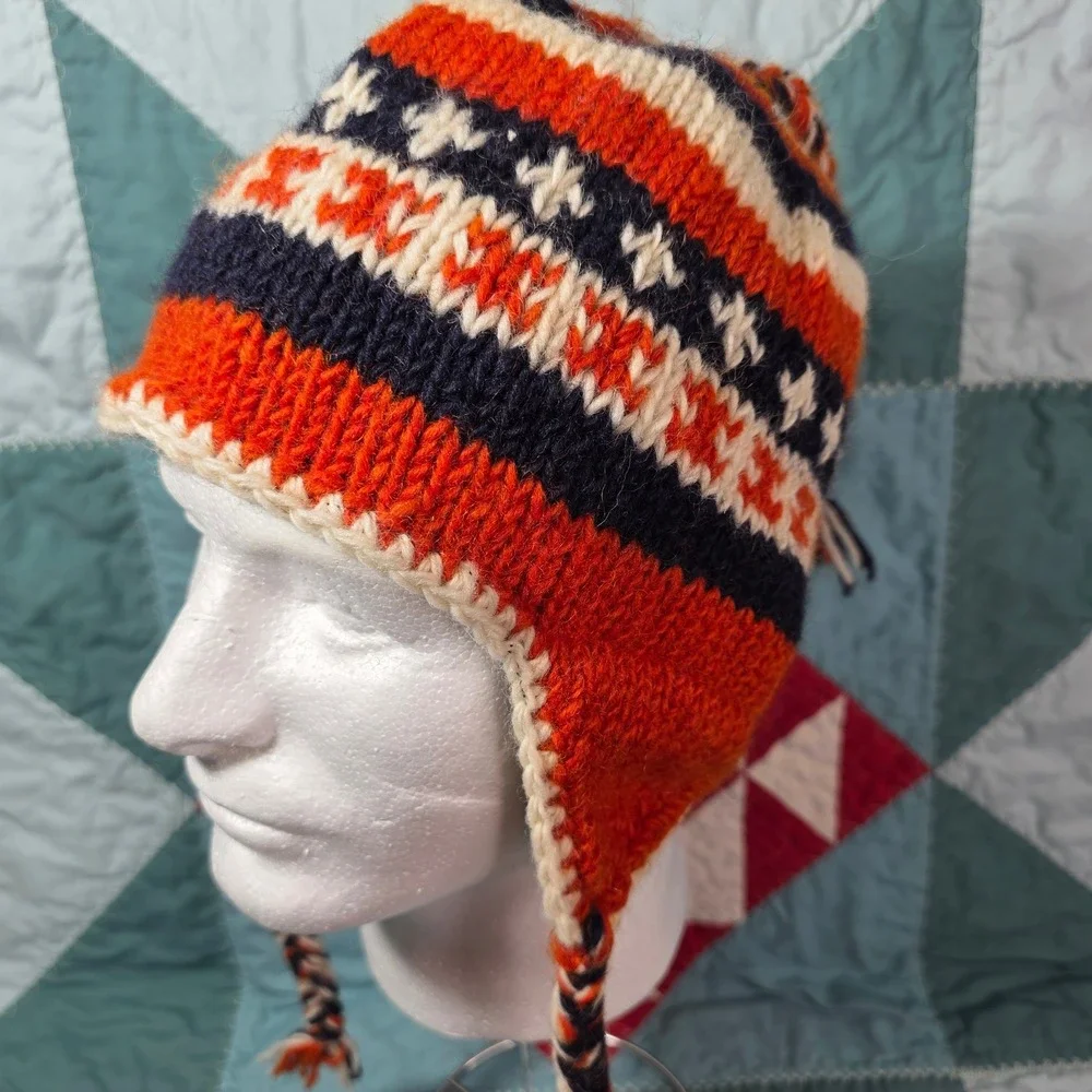Earth‎ Ragz Knit Wool Chullo Earflap Hat Orange Navy White Fair Isle Nepal